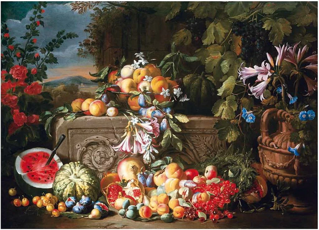 Una natura morta di un cocomero, ciliegie, pesche, albicocche, prugne, melograni e fichi, con gigli, rose, gloria mattutina e altri fiori su un rilievo in pietra d'acanto